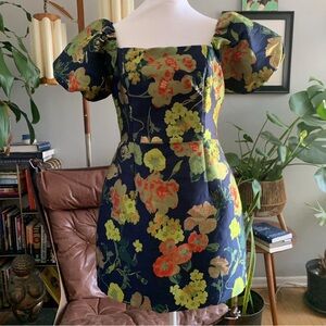 Lulu's Navy Floral Puff Sleeve Mini Dress